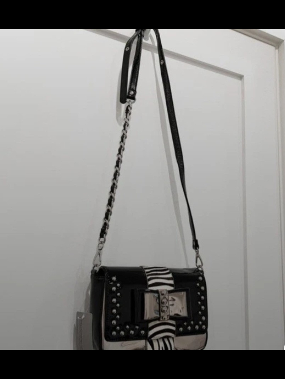 Sharif Black Studded Crossbody Bag with Zebra Accent